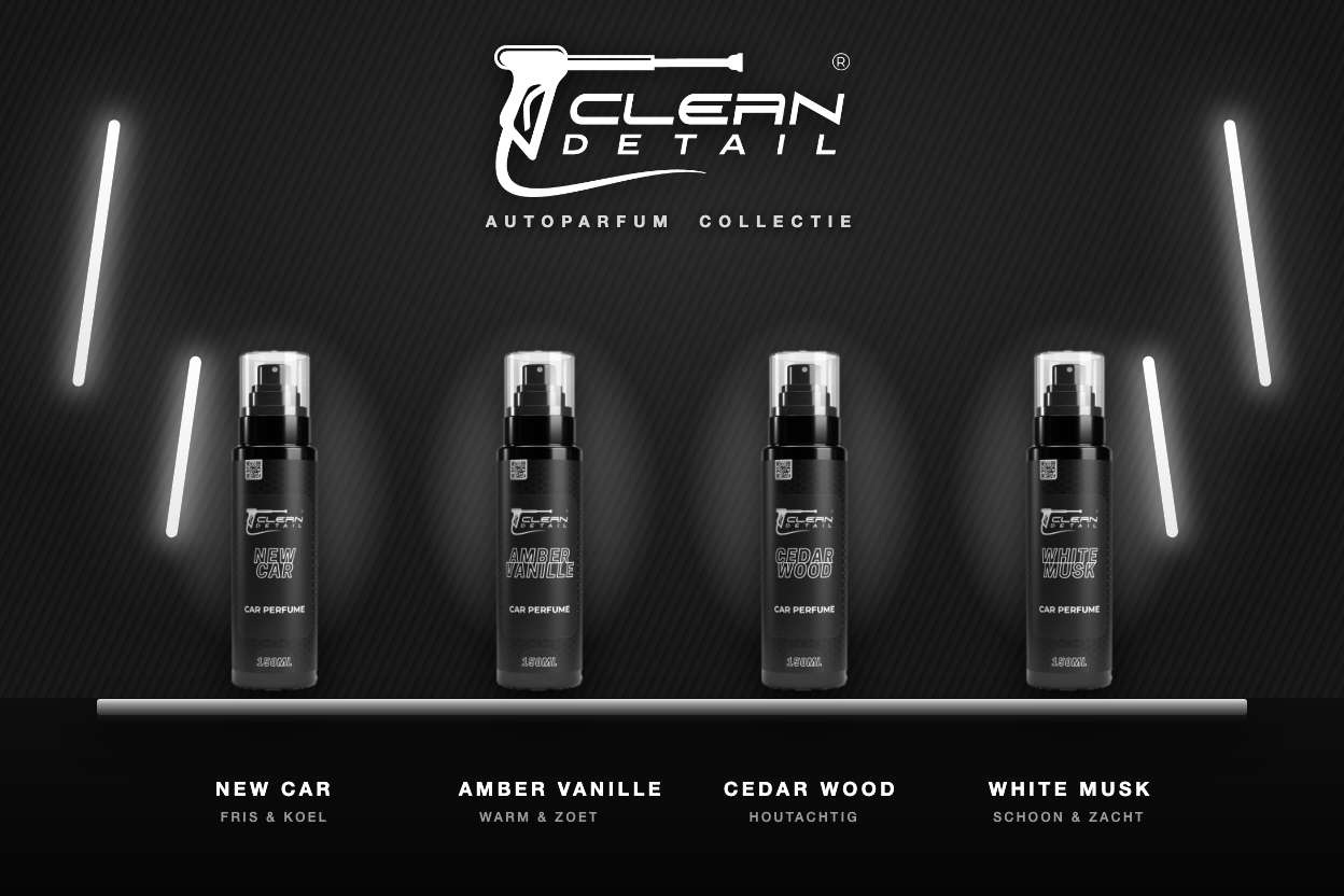 De vier autoparfums van Cleandetail op een plank: New Car, Amber Vanille, Cedar Wood en White Musk
